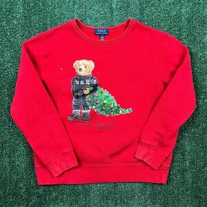 Polo Ralph Lauren Christmas Tree Bear Sweatshirt Boys Large 14/16 Red Crewneck